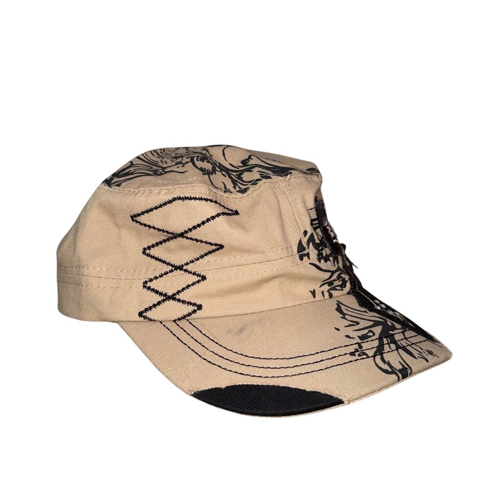 Vintage Y2K Graphic Rhinestone Cross Cadet Hat Distressed Khaki Military Cap